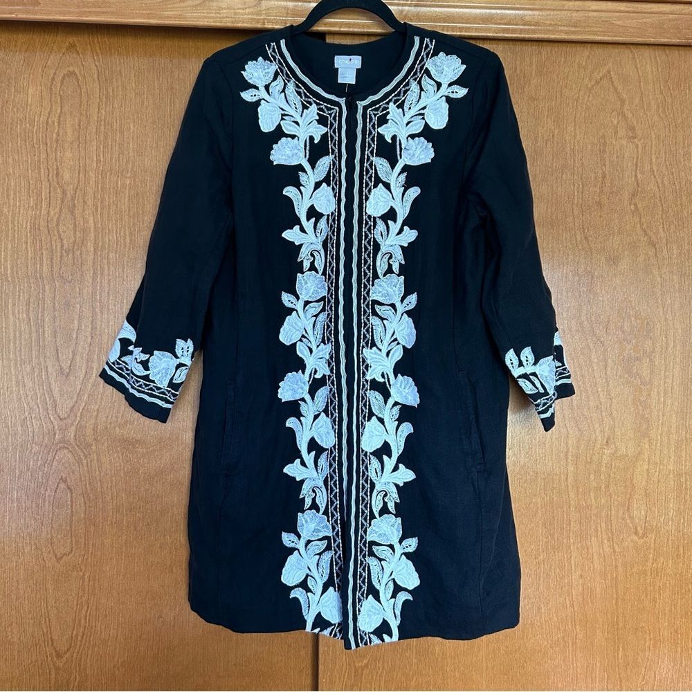 Chico's Floral Emboidered Contrast Novelty 3/4 Sleeve Linen Topper Jacket Medium